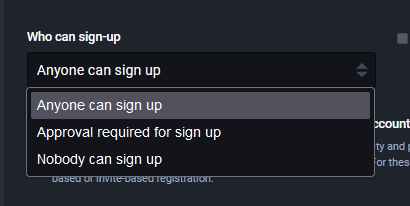 current drop down list of who can sign up options on mastodon.