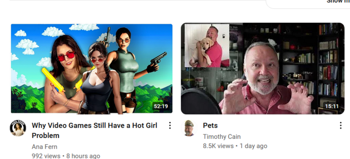 screenshot of 2 youtube videos. 1 called "Why video games still have a hot girl problem" and another of Tim Cook making a double handed squeezing motion.